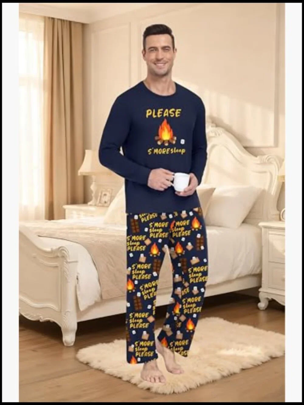 Men's Long Sleeve Pajama Set, Soft Polyester Sleepwear, Loose Fit